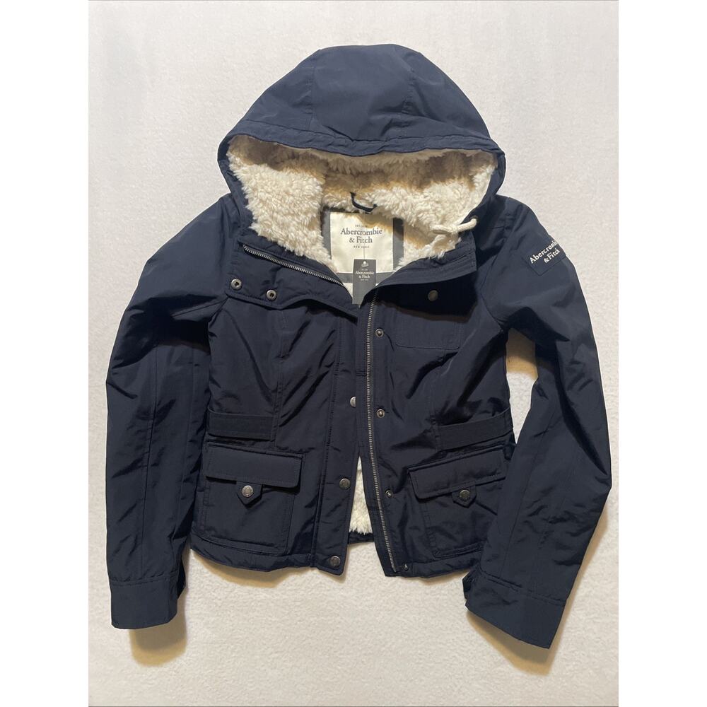 NWT Womens Abercrombie and Fitch Sherpa Parka Jacket Lined Hood Black XS NEW A&F